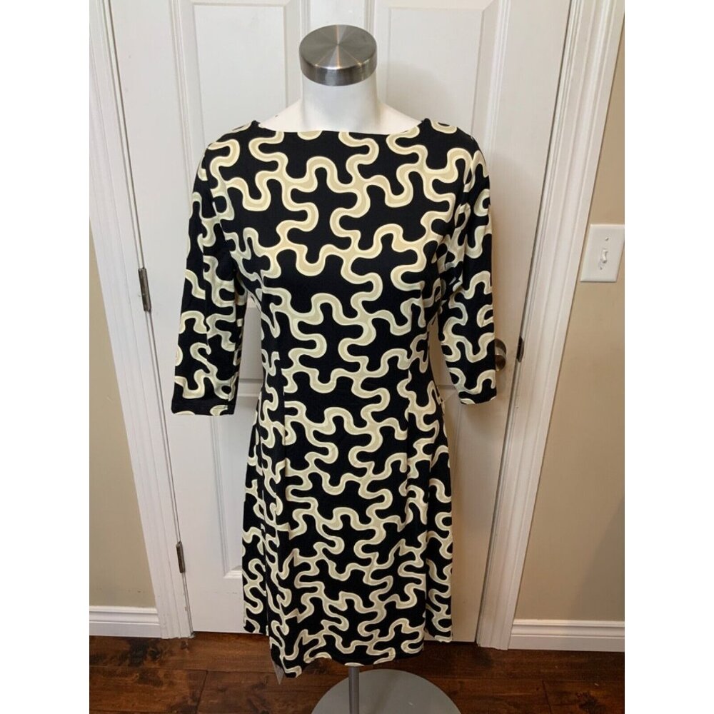 J.McLaughlin Black Tan Wavy 3/4 Sleeve Shift Dress, Size M